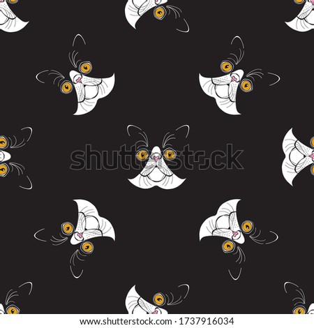 Exotic cat face. Seamless vector pattern on black. Hand-drawn vector illustration. Animal art background.