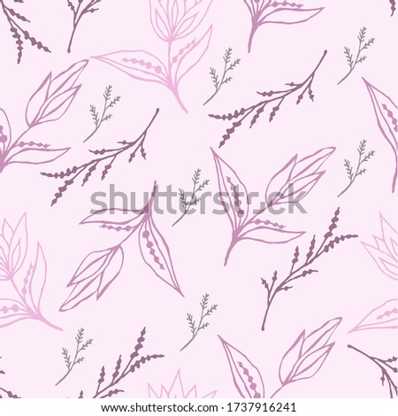 Floral pattern of flowers buds and twigs in 
pink-purple pastel . Delicate spring print. Vector seamless pattern in doodle style. Elegant floral ornament.