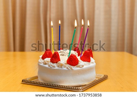 Birthday celebration cake/The plate says "Happy Birthday" in Japanese.
