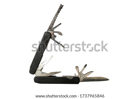 Multi tools pliers with blade, screwdriver , opener and others in white background . isolated