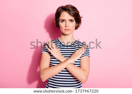 Stop dont move, Portrait of serious strict sullen girl cross hands sign x reject refuse choice decisions wear good look outfit isolated over pastel color background
