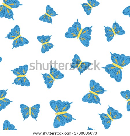 Seamless natural pattern, blue butterfly,  white background. Hand drawing. Design for textiles, wallpapers, printed products. Vector illustration