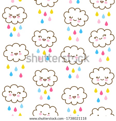 Seamless pattern with cute little clouds with color raindrops - kawaii background for kids textile design