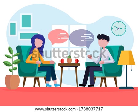 Man and woman are sitting in armchairs and talking. Characters flat, cartoon, vector illustration. The guy and the girl are talking at home. At breakfast, young people discuss