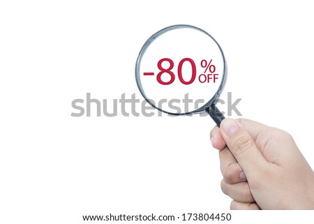 Hand Showing Discount Labels -80% Word Through Magnifying Glass 