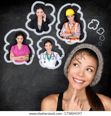Career choice options - student thinking of future education. Young Asian woman contemplating career options smiling looking up at thought bubbles on a blackboard with images of different professions Royalty-Free Stock Photo #173804597