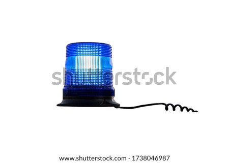 Working blue flasher isolated on white background. Blue police lamp. From the flasher stretches the wire.