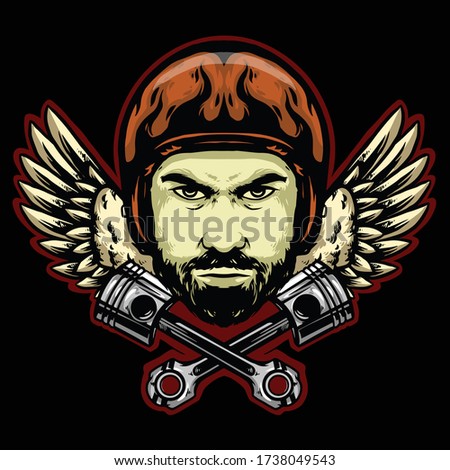 rider face with helmet and wings and piston vector design