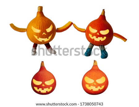 Little pumpkins with halloween face isolated on white background.  Funny holiday little men.