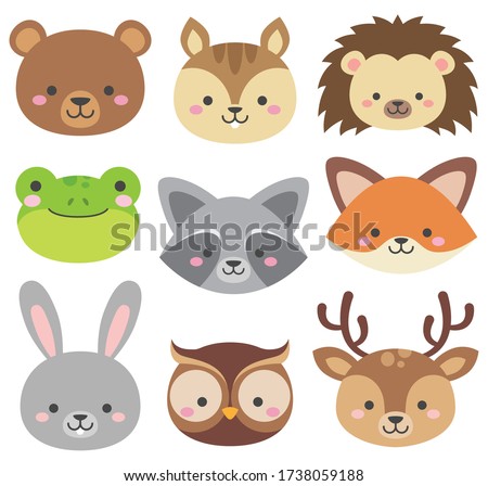 Set of cute woodland animals heads isolated on white. Forest critters graphic. Cartoon character faces are bear, rabbit, frog, squirrel, hedgehog, owl, deer, fox, raccoon. Vector illustrations.