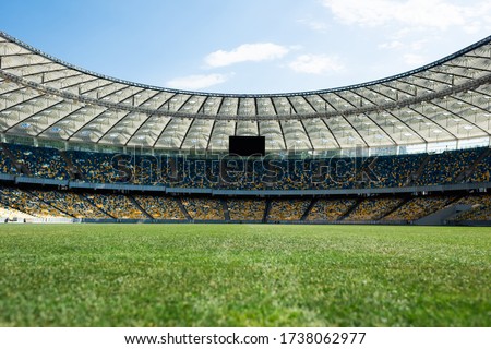 grassy football pitch at stadium at sunny day with blue sky Royalty-Free Stock Photo #1738062977