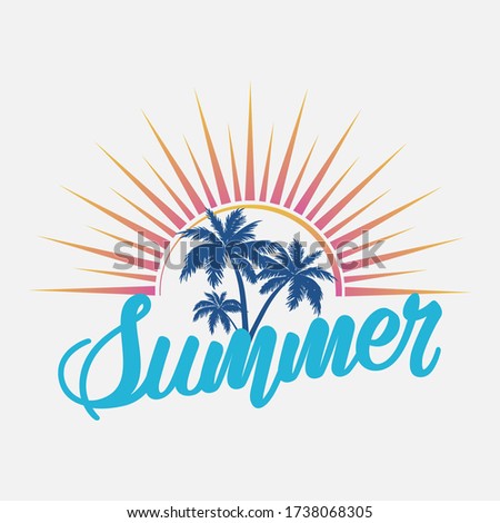 Summer logo template with hand lettering, emblem, sticker, badge. Summer illustration with the sun and palm trees.