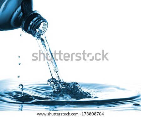 Water from water bottle with bubble forming on a white background