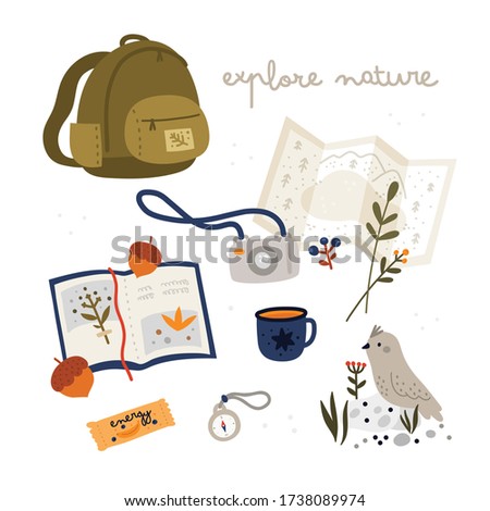 Explore nature set. Travel bundle. Backpack, photo camera, diary, herbarium, map, cup, energy snack, herbs, compass.  Vector illustration with tourist equipment in flat style isolated on white