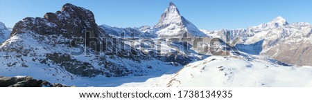                                Zermatt in Switzerland, the panorama view of Matterhorn with clear blue sky in winter.