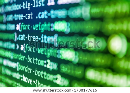 Front-end applications in the color concept. Website development. Programmer developer screen. WWW software development. Javascript code in bracket software.