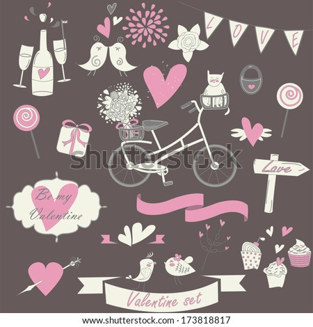 Valentine set with cute bicycle, cat, lolly-pop, glasses, bouquet, hearts, arrows, cupcakes, loving birds, flags in cartoon style