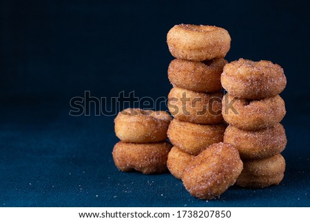 Cinnamon Sugar Mini Donuts in a stack on dark background with copy space Royalty-Free Stock Photo #1738207850