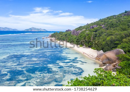 Seychelles Anse Source d'Argent beach La Digue island landscape scenery nature vacation ocean drone view aerial photo relax