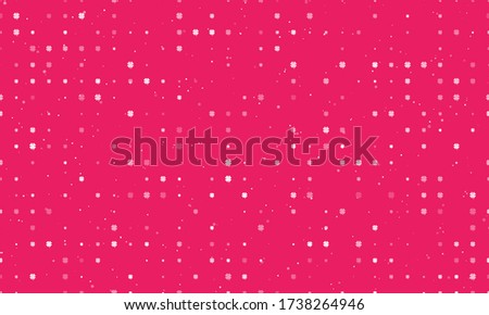 Seamless background pattern of evenly spaced white four-leaf clover symbols of different sizes and opacity. Vector illustration on pink background with stars
