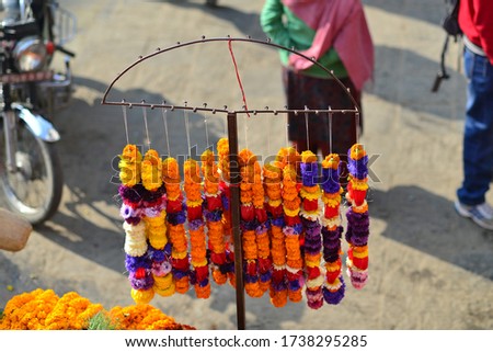 Kathmandu market with orange flowers for the rituals of its culture.