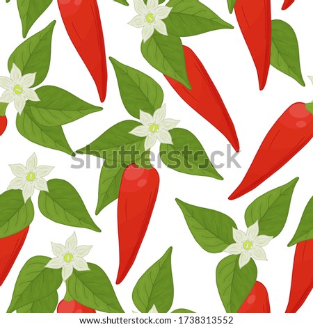 Seamless pattern with red fresh bell peppers, green leaves, flowers. Vegetable continuous picture. Vegetarian food, agricultural eco product. Drawn by hand. Endless texture for various design.