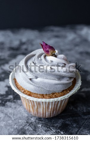 Sweet cupcakes for party. Fresh cupcakes decorated with cream cheese on modern  background. Sweet baked pastry. Holiday cake celebration, delicious dessert, close up
