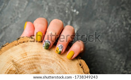 Luxury short matt manicure. Place for text. Trendy nails design.