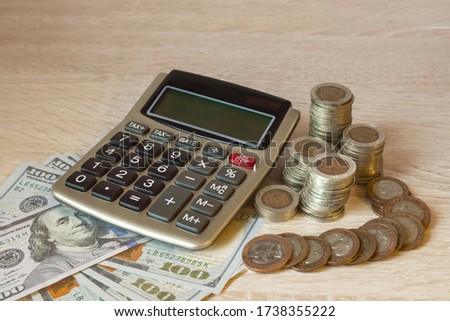 Coins Stack, calculator, currency icons different countries. Concept of money saving, financial. Savings money,income Investment ideas, management