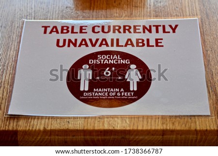 Table Currently Unavailable Social Distancing Sign