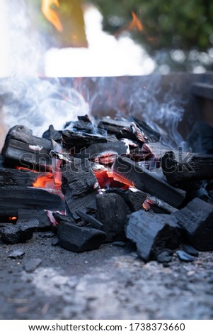 Burning charcoal with flame and smoke in the metal bbq. Preparing grill for cooking meat. Black dark charcoal. Opening BBQ season in Estonia on 2020 spring season. Hot fire waiting for meat.