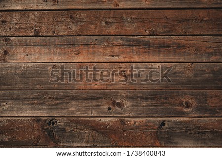 Wood brown background. Old boards picture. Dark board decoration. Wooden plate background. Vintage beam brown tone. Processed chopped firewood texture. Natural retro panel