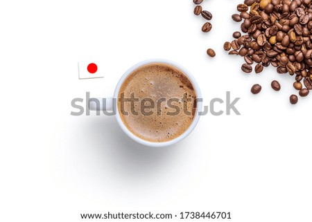 Coffee cups, coffee beans, and the flag of Japan on a white background.