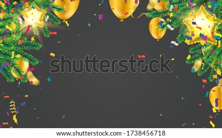 Gold balloons, confetti and streamers. Vector illustration