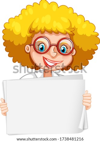 Blank sign template with female scientist on white background illustration