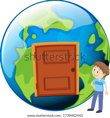 Man looking at closed door on earth illustration
