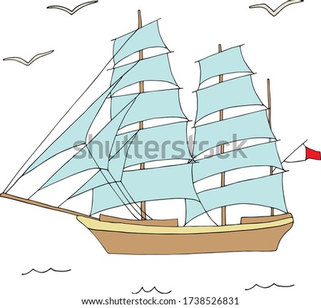 Large Sailing Ship for Marine Design. Vector hand draw  Illustration EPS10
