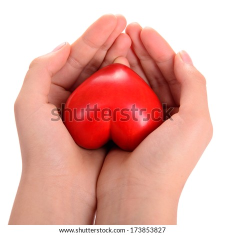 decorative red heart in human hands isolated on a white background. Valentine's Day