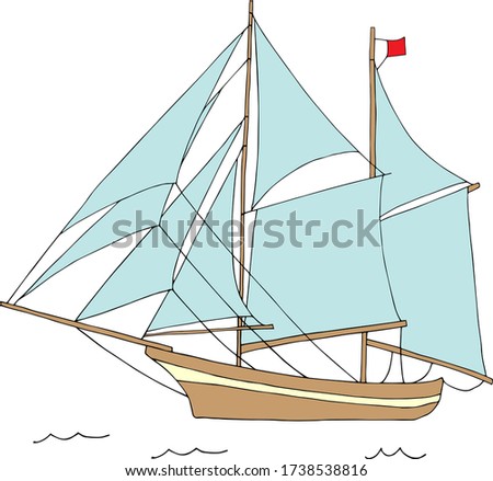 Large two-masted sailing ship at sea. Vector hand draw  Illustration EPS10