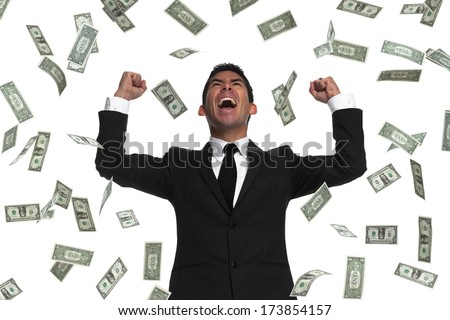 Raining money on a celebrating businessman