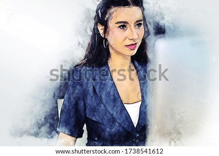 Abstract young business woman secretary working at desk on watercolor illustration painting background.