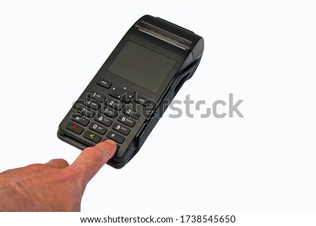 Hand enters PIN - password - isolated on white background. Security of payments