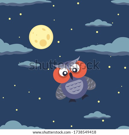 Seamless pattern with owls in night sky. Hand drawn illustration great for wallpaper, textile and texture design. Kids design, fabric, wrapping, apparel.
