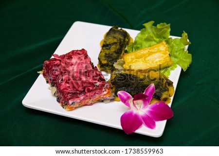 Russian national dish called herring under a fur coat, vegetarian food lies on a white plate with slices of fried tofu with a leaf of salad and decorated with an orchid flower on a green background