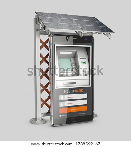3d Rendering of Mobile online banking and payment concept. Smart phone as ATM with solar panel, clipping path included