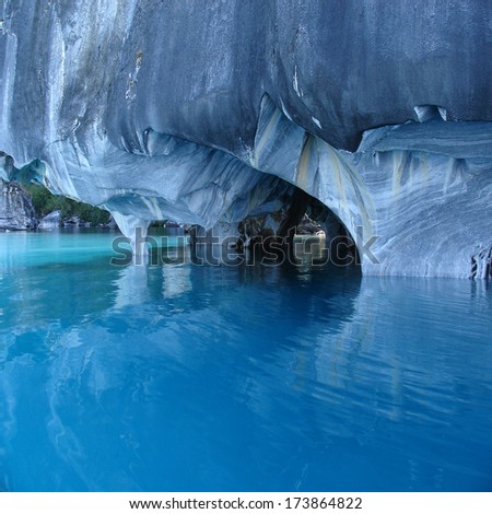 Unique marble caves. General Carrera lake. North of Patagonia. Chile.                            Royalty-Free Stock Photo #173864822