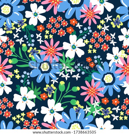 Field flowers. Vector pattern on a blue background. For textiles, fabric, packaging paper, background, Wallpaper.