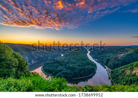 Sunrise view of Saar river valley near Mettlach. South Germany  Royalty-Free Stock Photo #1738699952