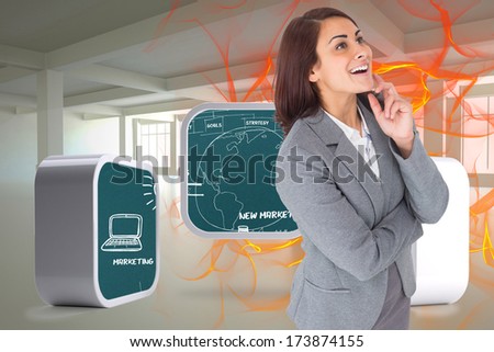 Smiling thoughtful businesswoman against abstract design in orange