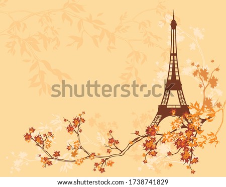 eiffel tower among autumn tree branches - copy space vector background of fall season in Paris